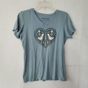 Life is Good Womens V-Neck T-Shirt Small Blue Bird Heart Crusher-Lite Top